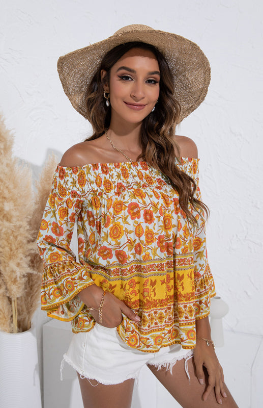 Women's One Shoulder Floral Flared Sleeve Top