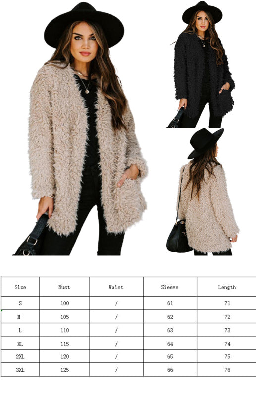 Women'S Solid Color Long Sleeve Tweed Velvet Autumn And Winter Top Coat