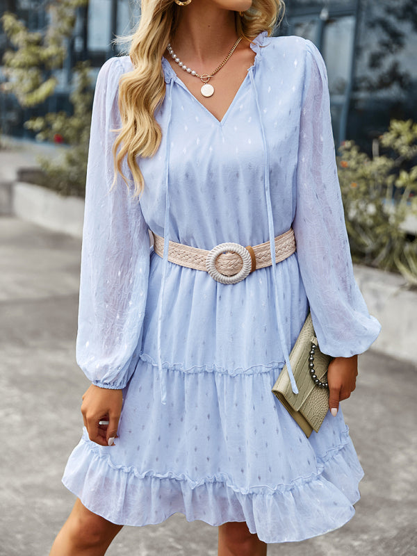 Women's V-neck sexy waist closed long sleeve A-line skirt dress