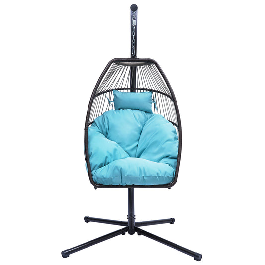 Patio Wicker folding Hanging Chair,Rattan Swing Hammock Egg Chair with C Type bracket , with cushion and pillow,for Indoor,OutdoorBlue
