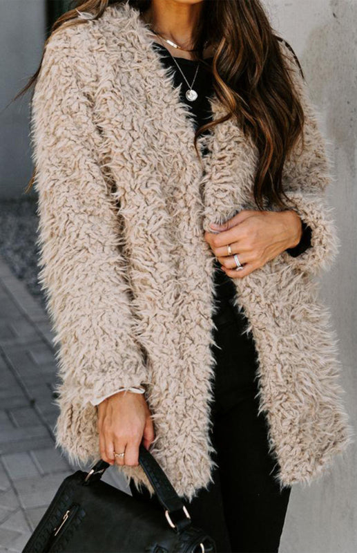 Women'S Solid Color Long Sleeve Tweed Velvet Autumn And Winter Top Coat