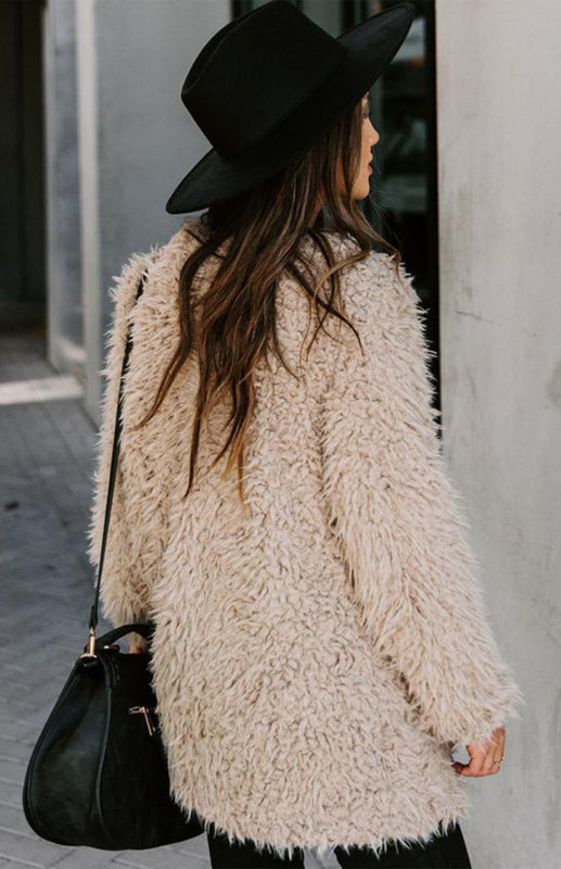 Women'S Solid Color Long Sleeve Tweed Velvet Autumn And Winter Top Coat