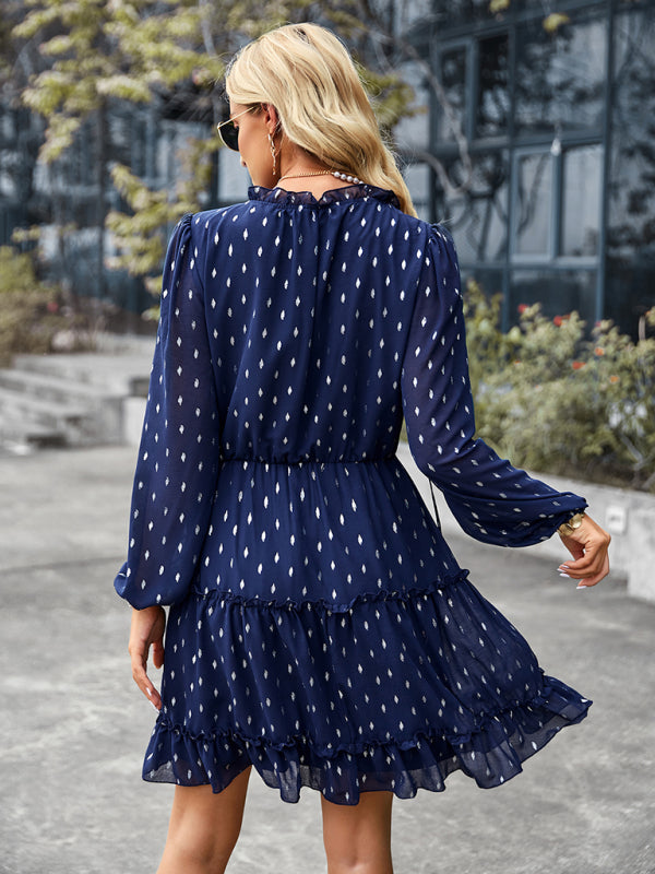 Women's V-neck sexy waist closed long sleeve A-line skirt dress