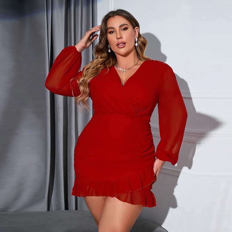 Plus Size Women's Chiffon Sexy Wrap Hip Ruffle Dress