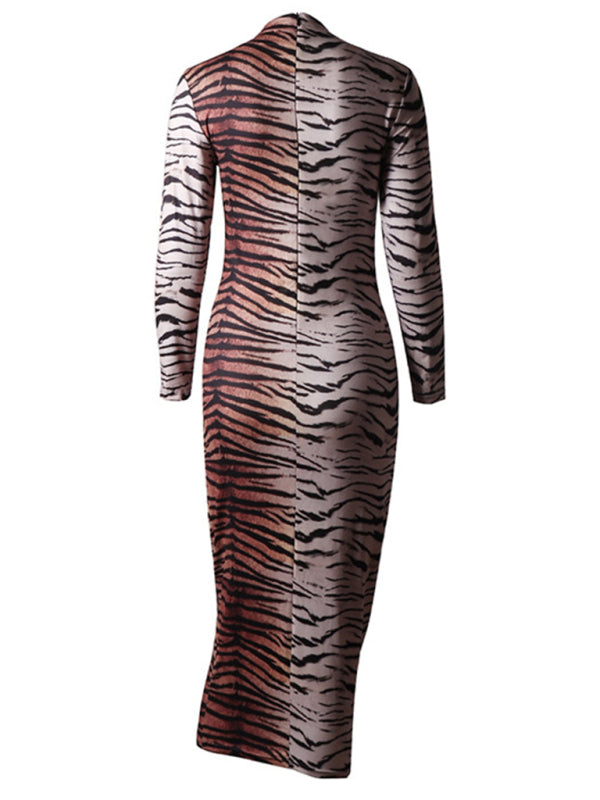 Women's sexy long -sleeved round collars leopard dress