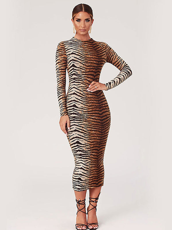 Women's sexy long -sleeved round collars leopard dress