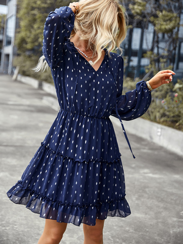 Women's V-neck sexy waist closed long sleeve A-line skirt dress