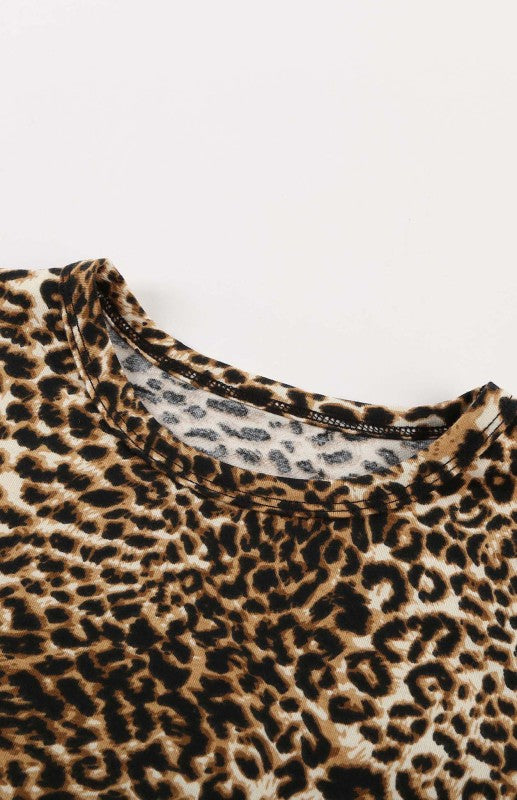 Girls Leopard Print Ruffle Short Sleeve Crew Neck Top