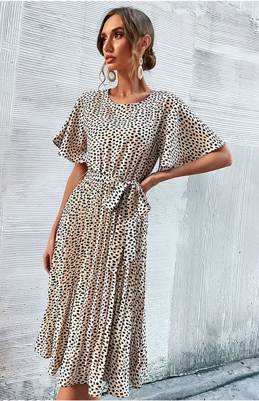 Crew Neck Leopard Print Tie-Up Fitted Dress