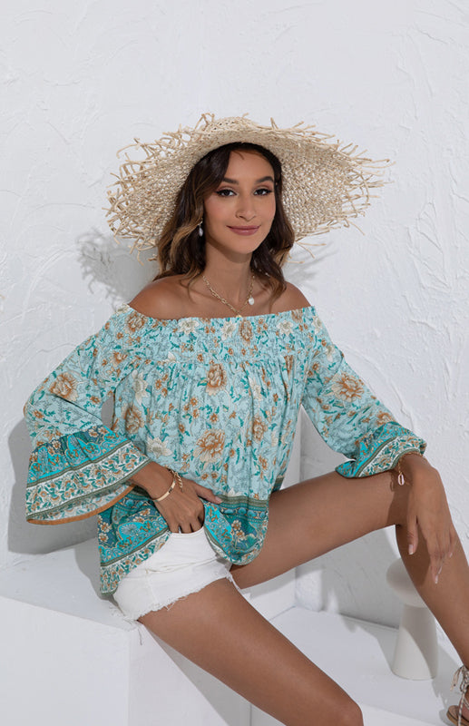 Women's One Shoulder Floral Flared Sleeve Top