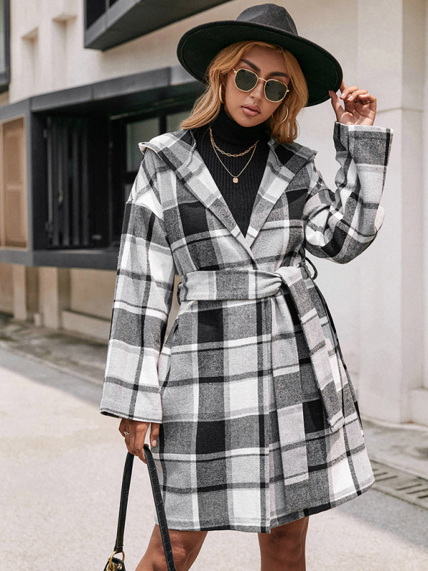 Loose Casual Checked Mid-Length Belted Hooded Wool Coat