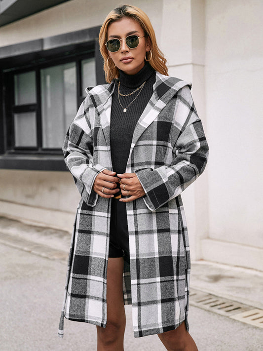 Loose Casual Checked Mid-Length Belted Hooded Wool Coat