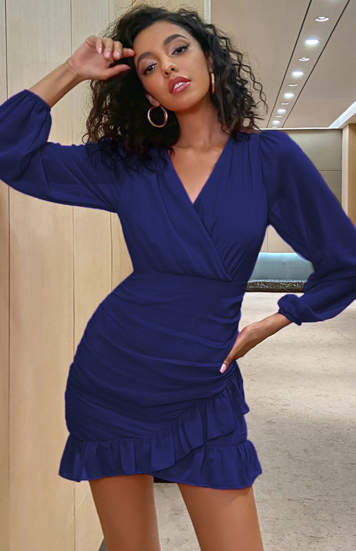 Women's Sexy Cross V Neck Pleated Ruffle Long Sleeve Dress