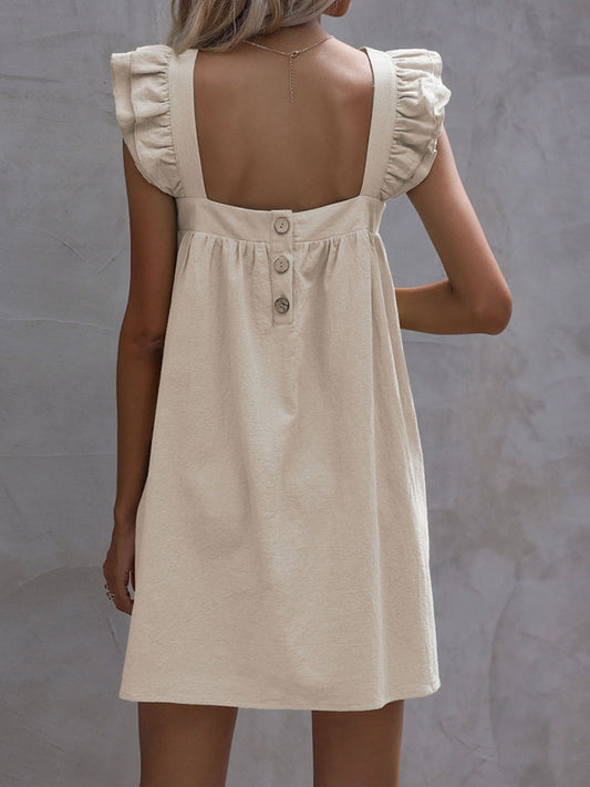 Sling dress loose ruffled solid color cotton and linen dress