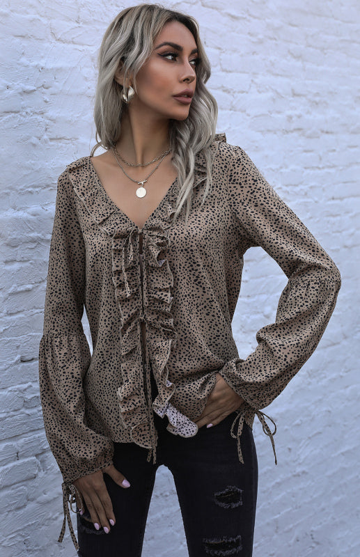Women's Loose Leopard-Print V-Neck Long-Sleeve Chiffon Shirt With Ruffle Trim