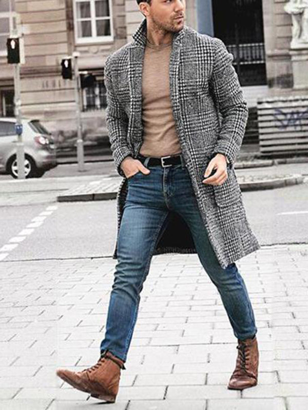 Retro Simple Mid-length Plaid Youth Woolen Coat Men's Coat