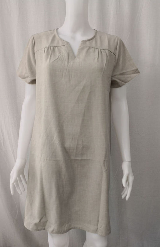 V-Neck Rolled Short Sleeve Gathered Curved Linen Dress