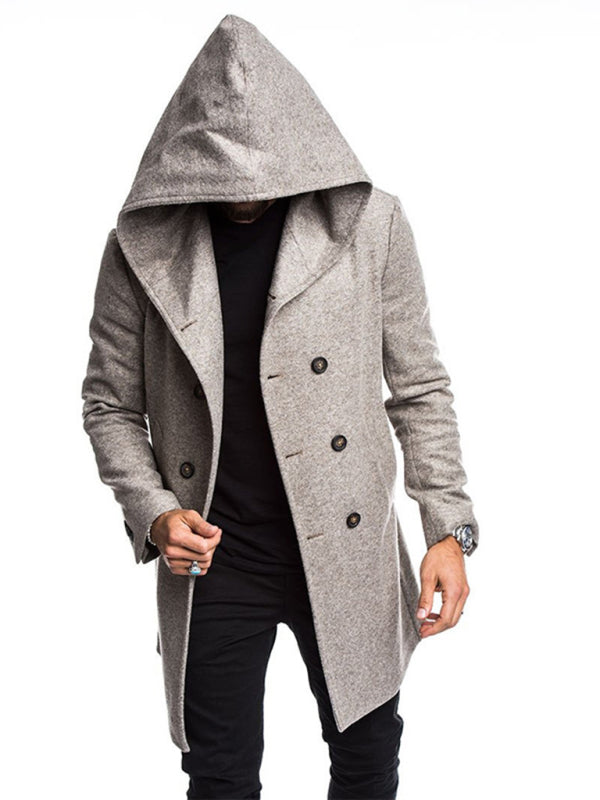 Men's Fashion Long Trench Coat Fleece Hooded Wool Jacket