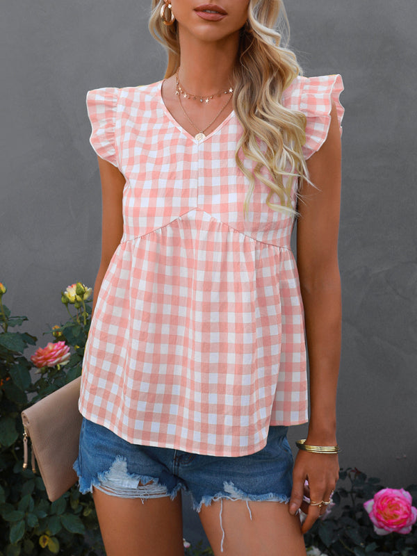 Women's V-neck sleeveless Plaid top