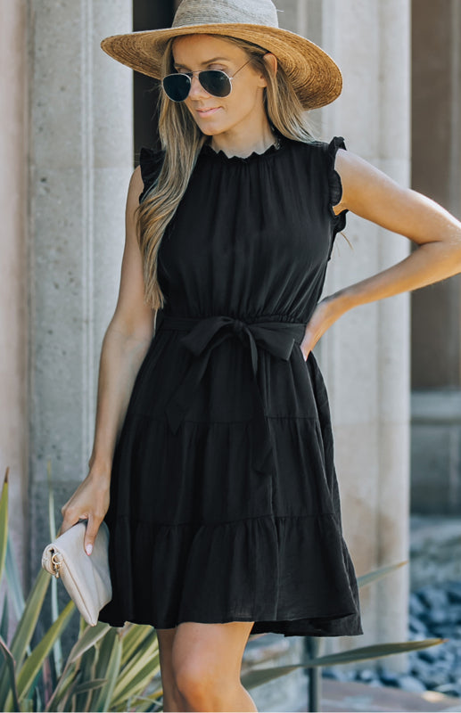 Women's Frilled Neck Sleeveless Tiered Tulle Dress