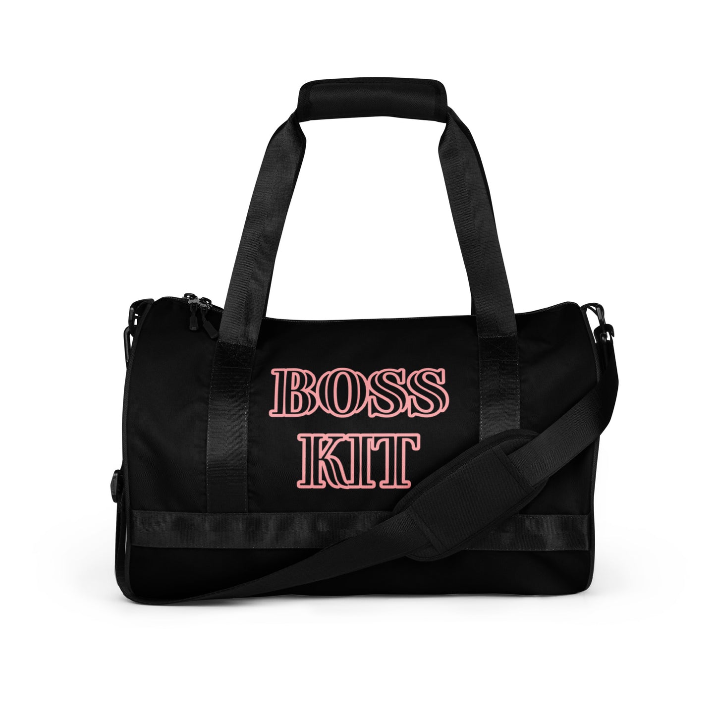 BOSS KIT TRAVEL OR GYM BAG- WRITING TRIMMED IN PINK BAG IS IN BLACK