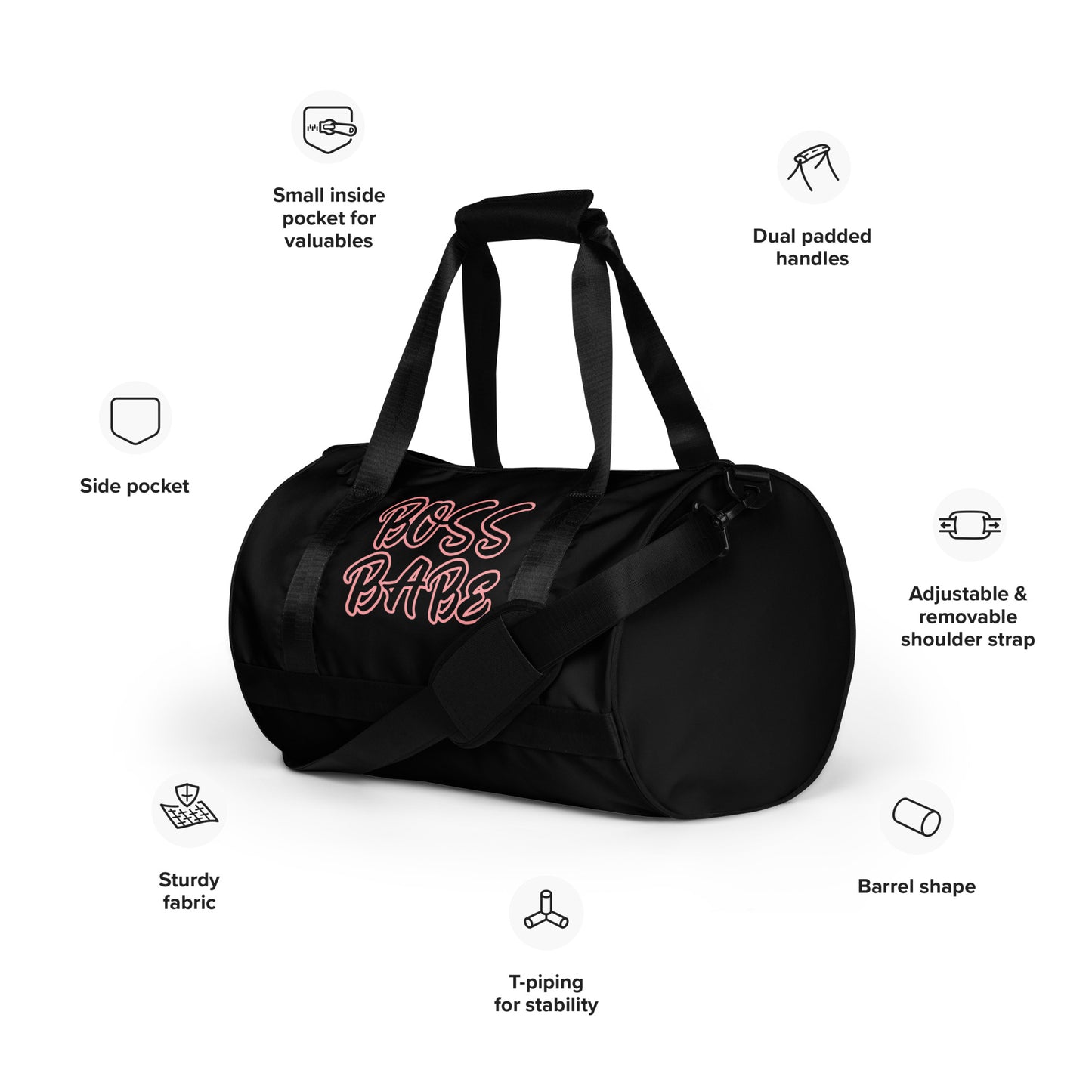 BOSS BABE TRAVEL OR GYM BAG SHOWN WITH PINK OUTLINE ON BLACK BAG