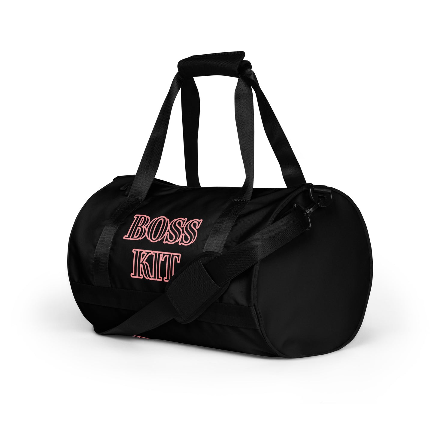 BOSS KIT TRAVEL OR GYM BAG- WRITING TRIMMED IN PINK BAG IS IN BLACK