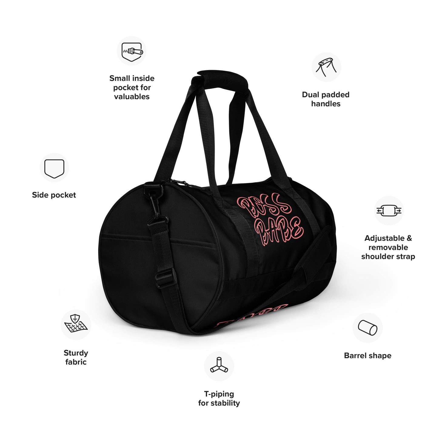 BOSS BABE TRAVEL OR GYM BAG SHOWN WITH PINK OUTLINE ON BLACK BAG