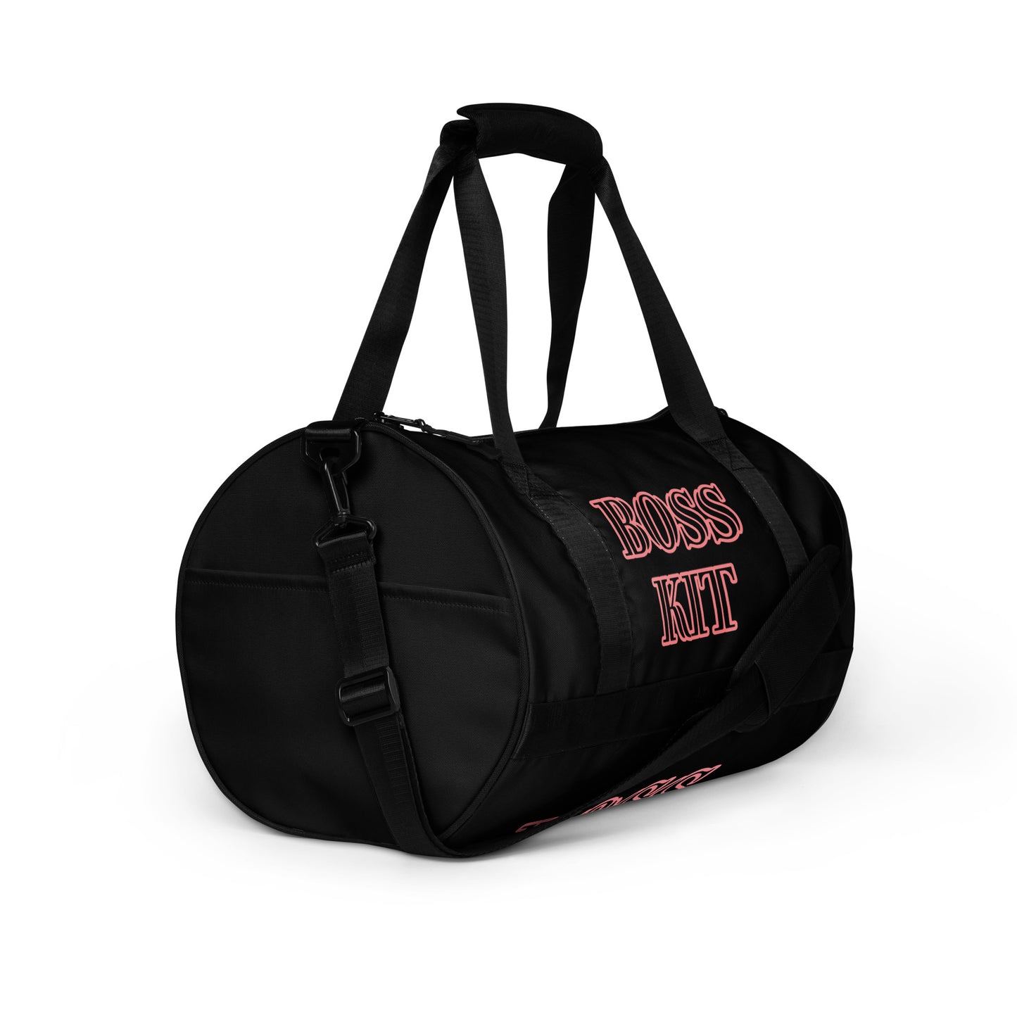 BOSS KIT TRAVEL OR GYM BAG- WRITING TRIMMED IN PINK BAG IS IN BLACK
