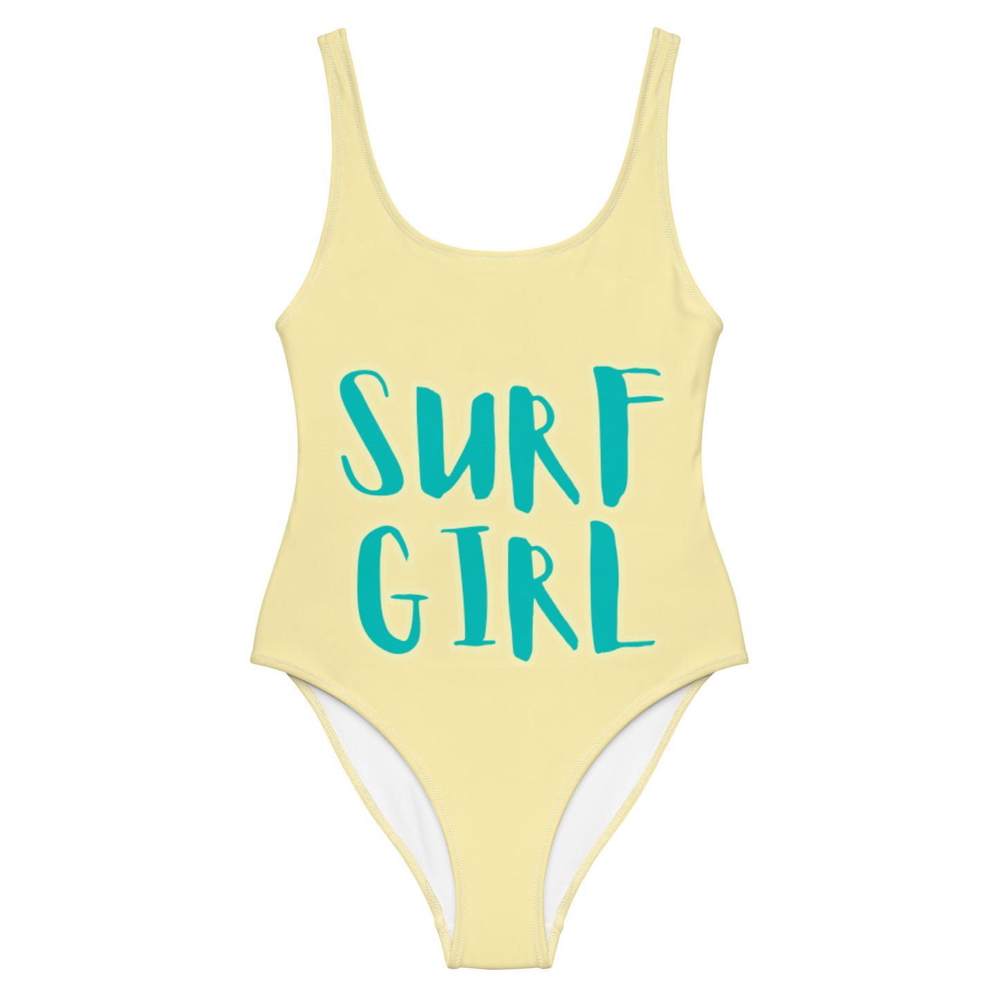 SURF GIRL YELLOW WITH TEAL WRITING One-Piece Swimsuit