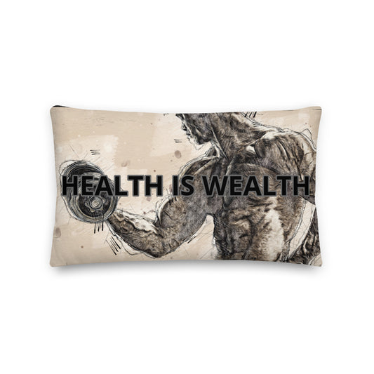 HEALTH IS WEALTH #1----TAUPE AND GREY Premium Pillow