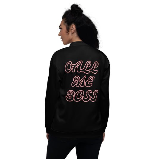 CALL ME BOSS - (PINK TRIM WORDS) ON A BLACK Bomber Jacket