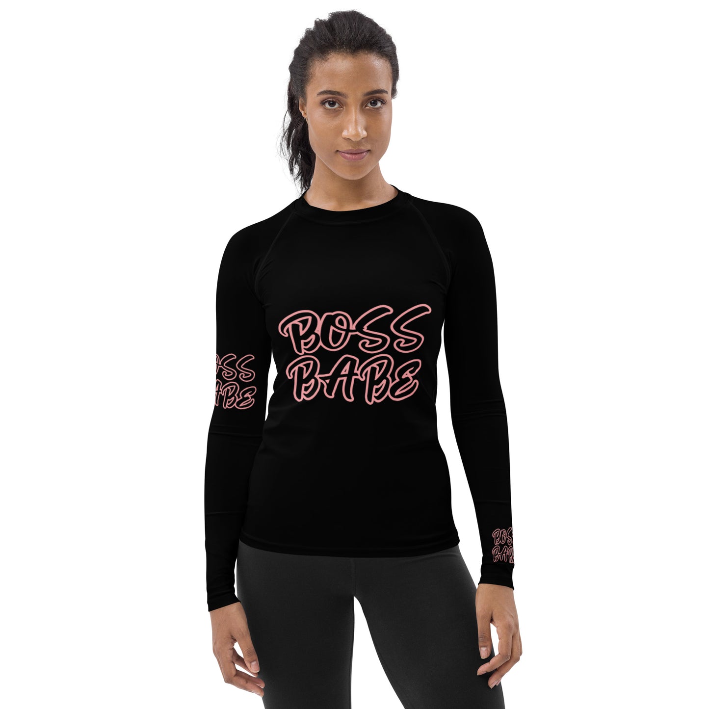 BOSS BABE (ON FRONT AND SLEEVES )WITH PINK OUTLINE ON BLACK BACKGROUND Women's Rash Guard