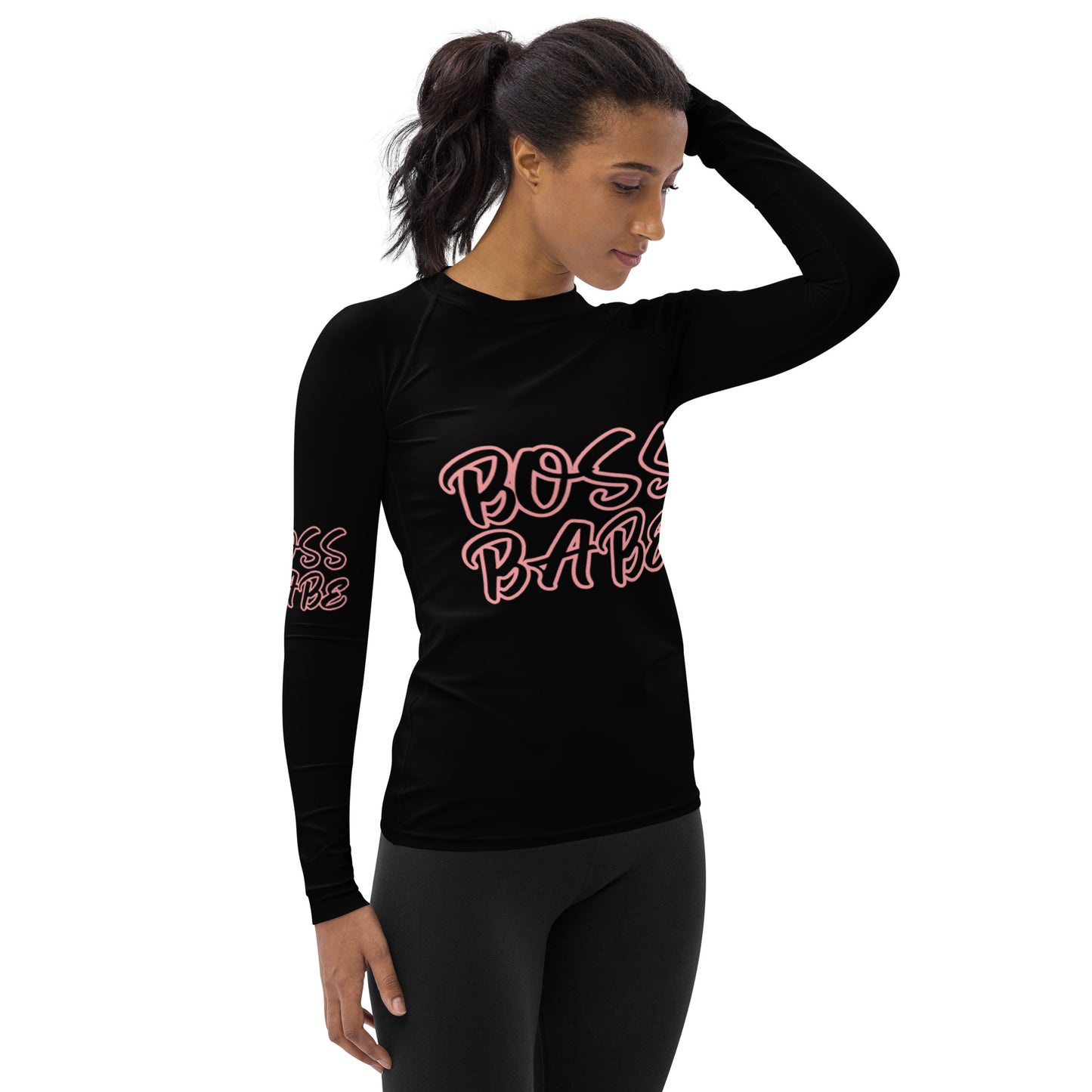 BOSS BABE (ON FRONT AND SLEEVES )WITH PINK OUTLINE ON BLACK BACKGROUND Women's Rash Guard