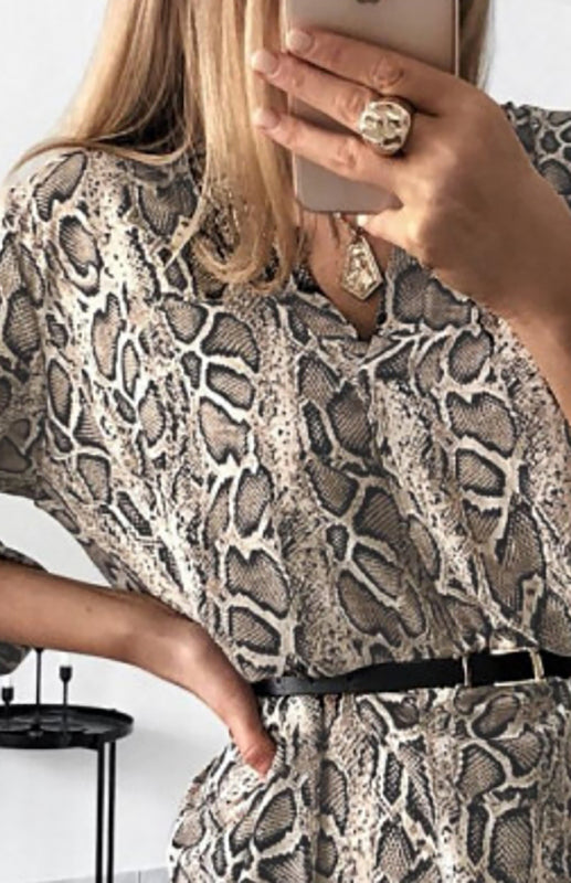 Women's V-Neck Long Sleeve Snake Print Shirt Dress