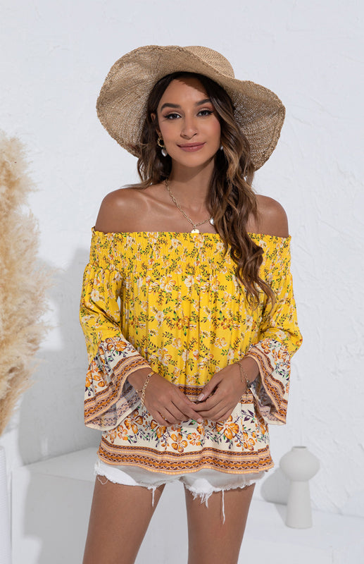 Women's One Shoulder Floral Flared Sleeve Top