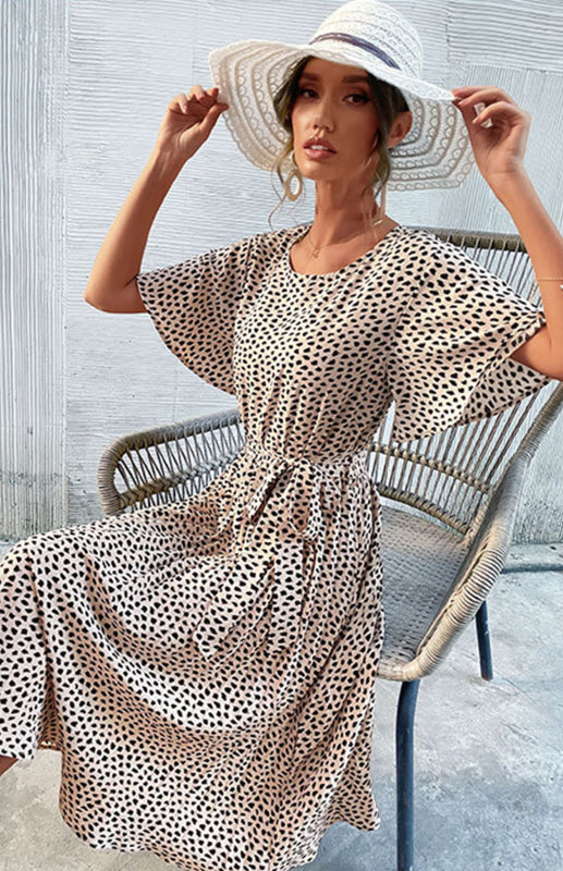 Crew Neck Leopard Print Tie-Up Fitted Dress