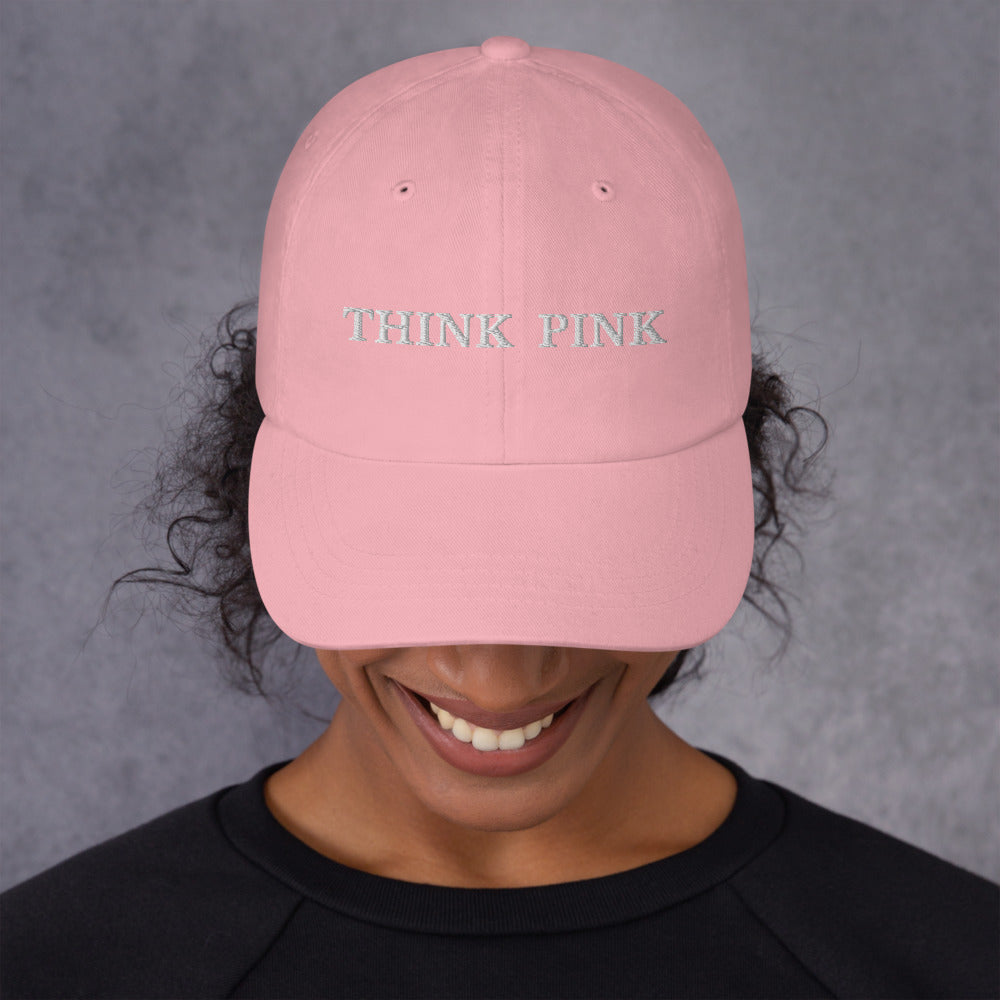 THINK PINK ....PINK COLOR Dad hat WITH WHITE STITCHES