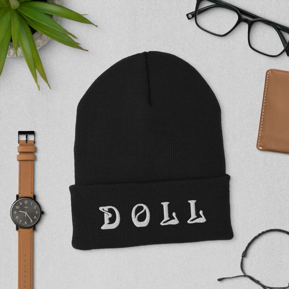 DOLL- BLACK Cuffed Beanie WITH WHITE STITCH