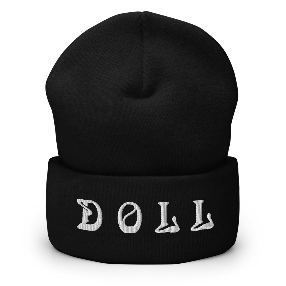 DOLL- BLACK Cuffed Beanie WITH WHITE STITCH