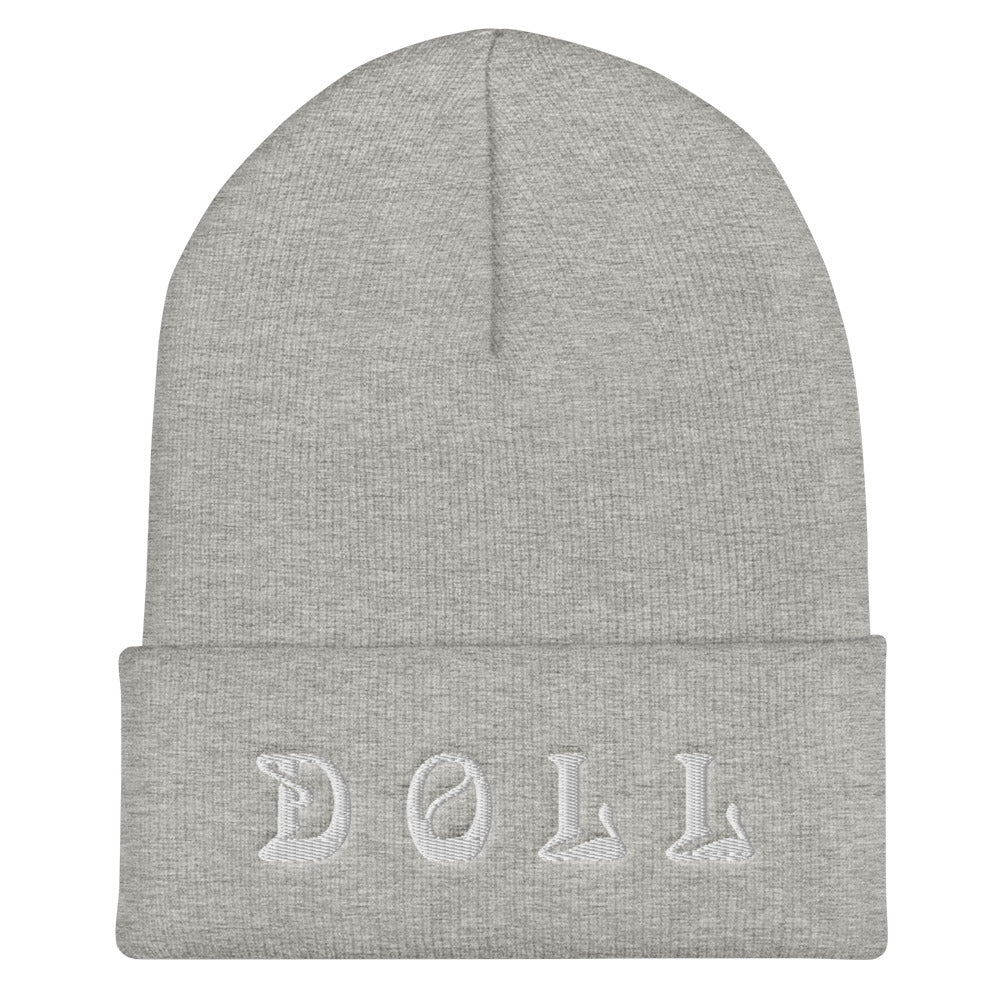 DOLL- BLACK Cuffed Beanie WITH WHITE STITCH