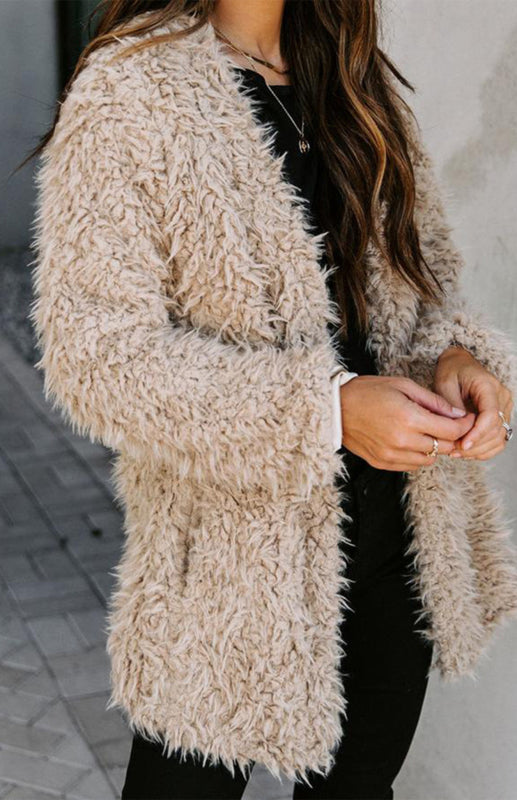 Women'S Solid Color Long Sleeve Tweed Velvet Autumn And Winter Top Coat
