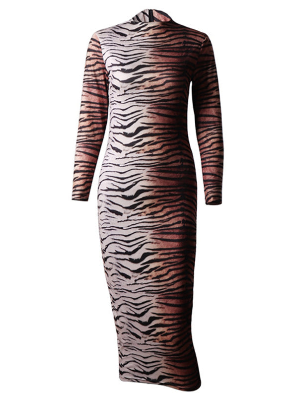 Women's sexy long -sleeved round collars leopard dress