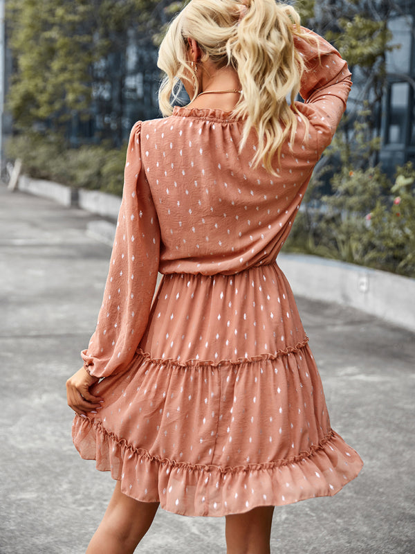 Women's V-neck sexy waist closed long sleeve A-line skirt dress