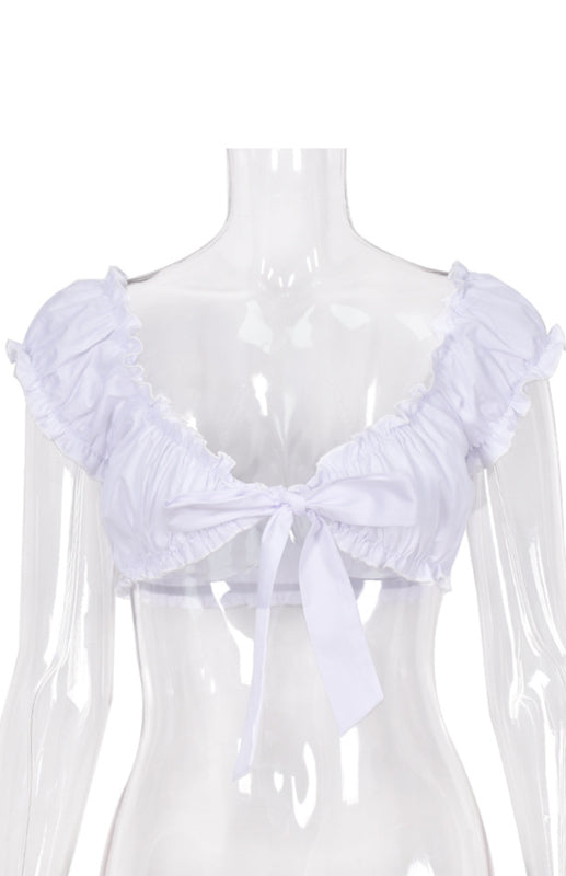 Corset Top With Hollowed-Out Lace And Exposed Navel V-Neck Wooden Ear T-Shirt