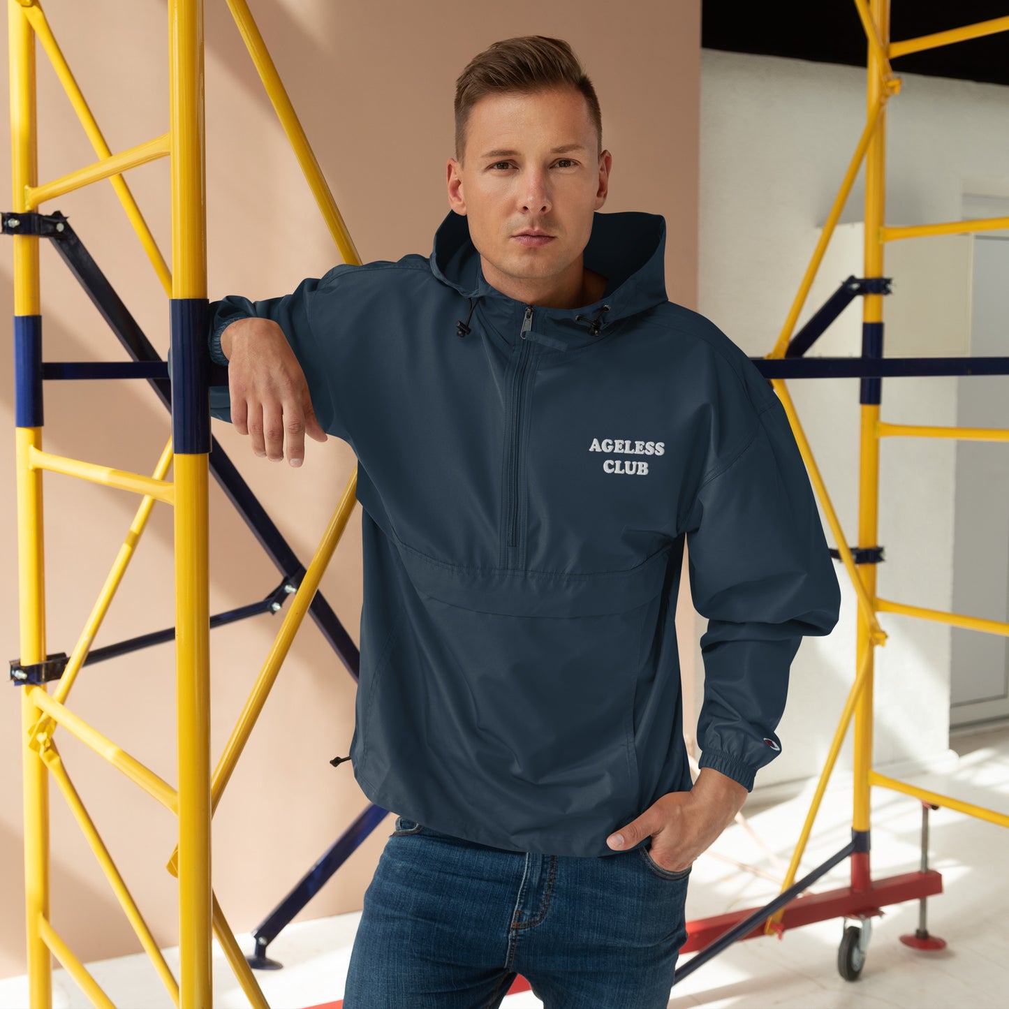 AGELESS CLUB- IN DARK BLUE Embroidered Champion Packable Jacket
