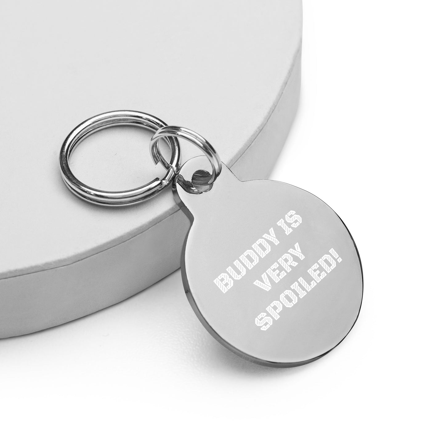 SPOILED DOG BOUTIQUE- BUDDY IS VERY SPOILED Engraved pet ID tag or key chain