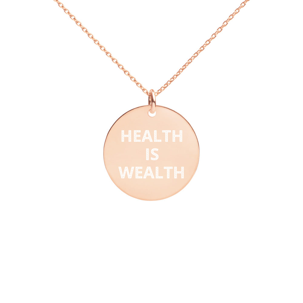 HEALTH IS WEALTH Engraved Silver Disc Necklace