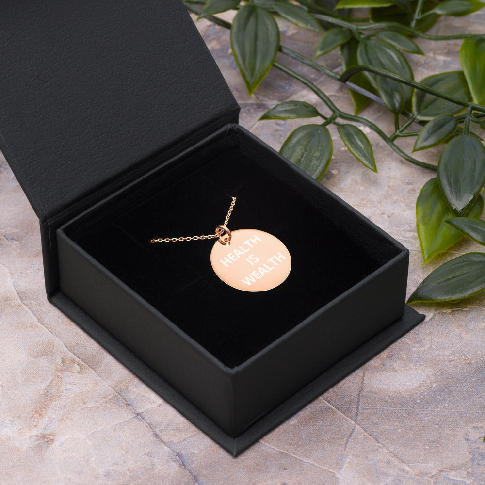 HEALTH IS WEALTH Engraved Silver Disc Necklace