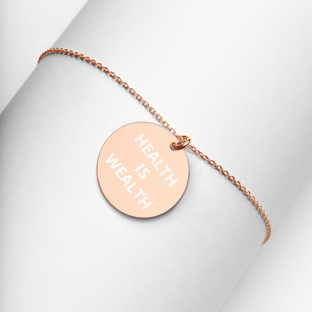 HEALTH IS WEALTH Engraved Silver Disc Necklace